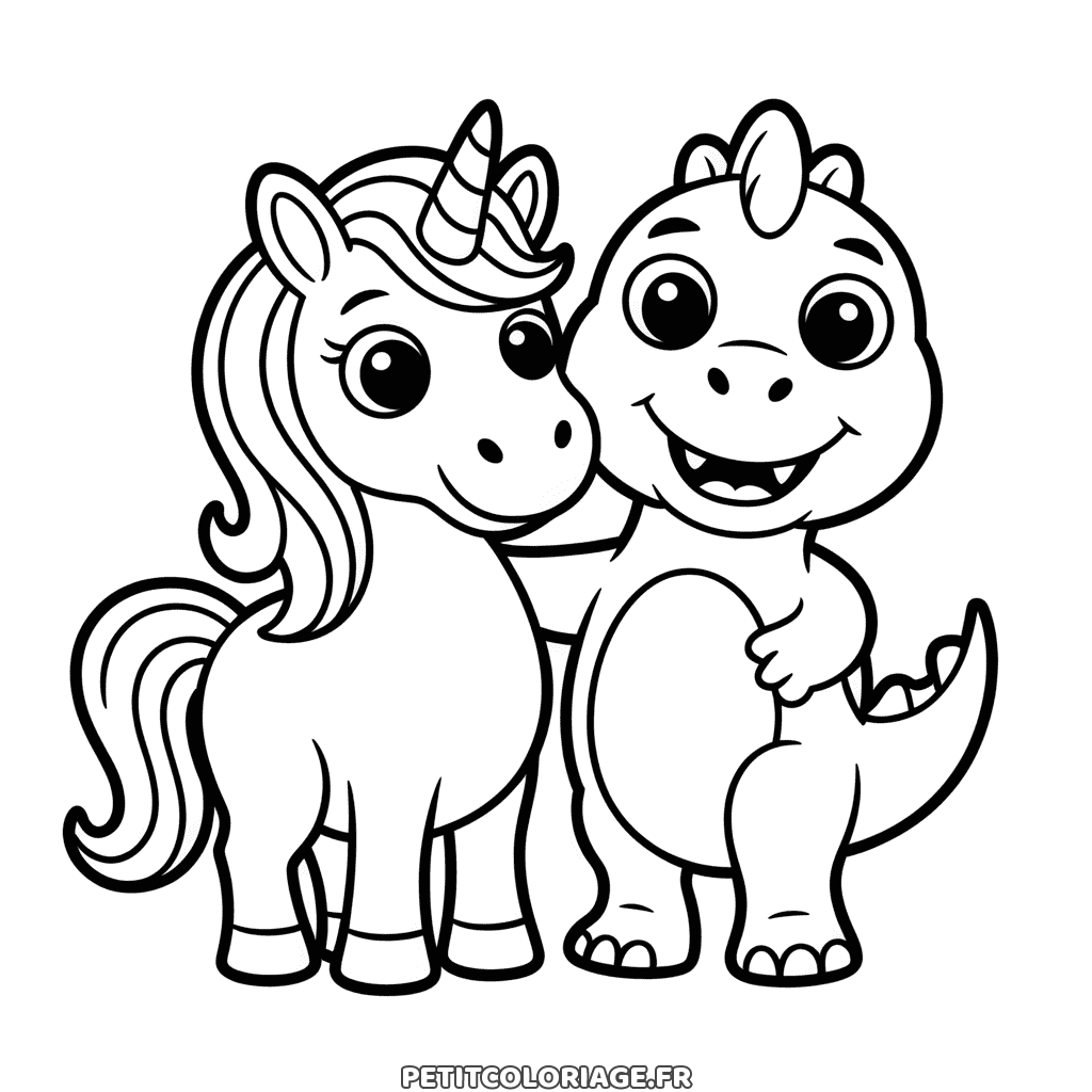 Coloriage gratuit à imprimer d'un bébé dinosaure et d'une licorne, dessin facile pour enfants