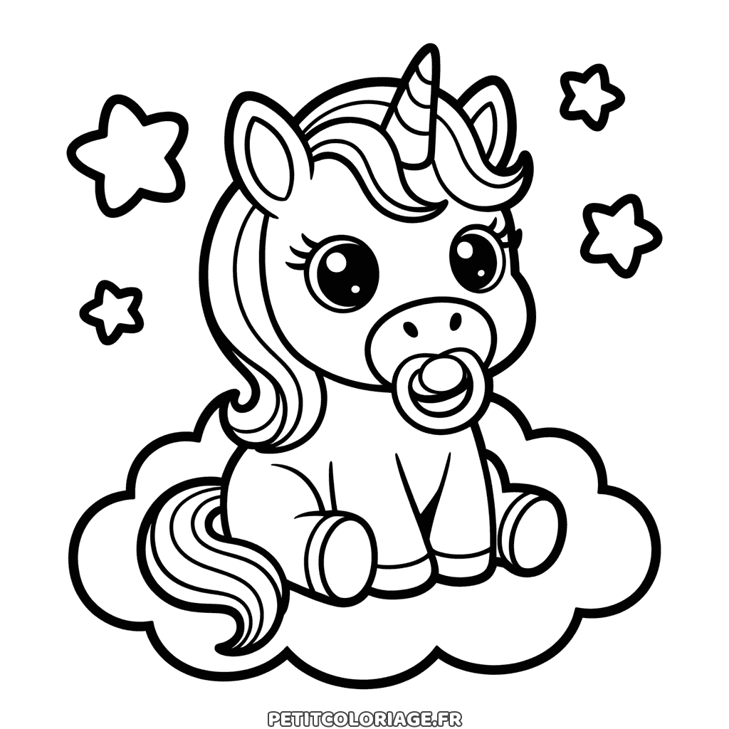 Coloriage gratuit à imprimer d'un bébé licorne endormi sur un nuage, dessin facile pour tout-petits