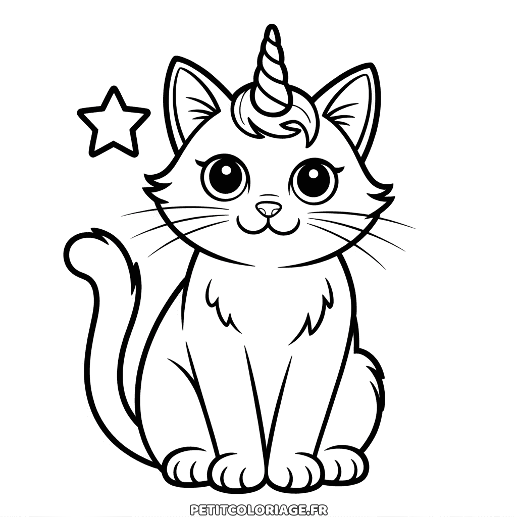 Coloriage gratuit à imprimer d'un chat à corne de licorne, dessin à moustaches fines pour enfants