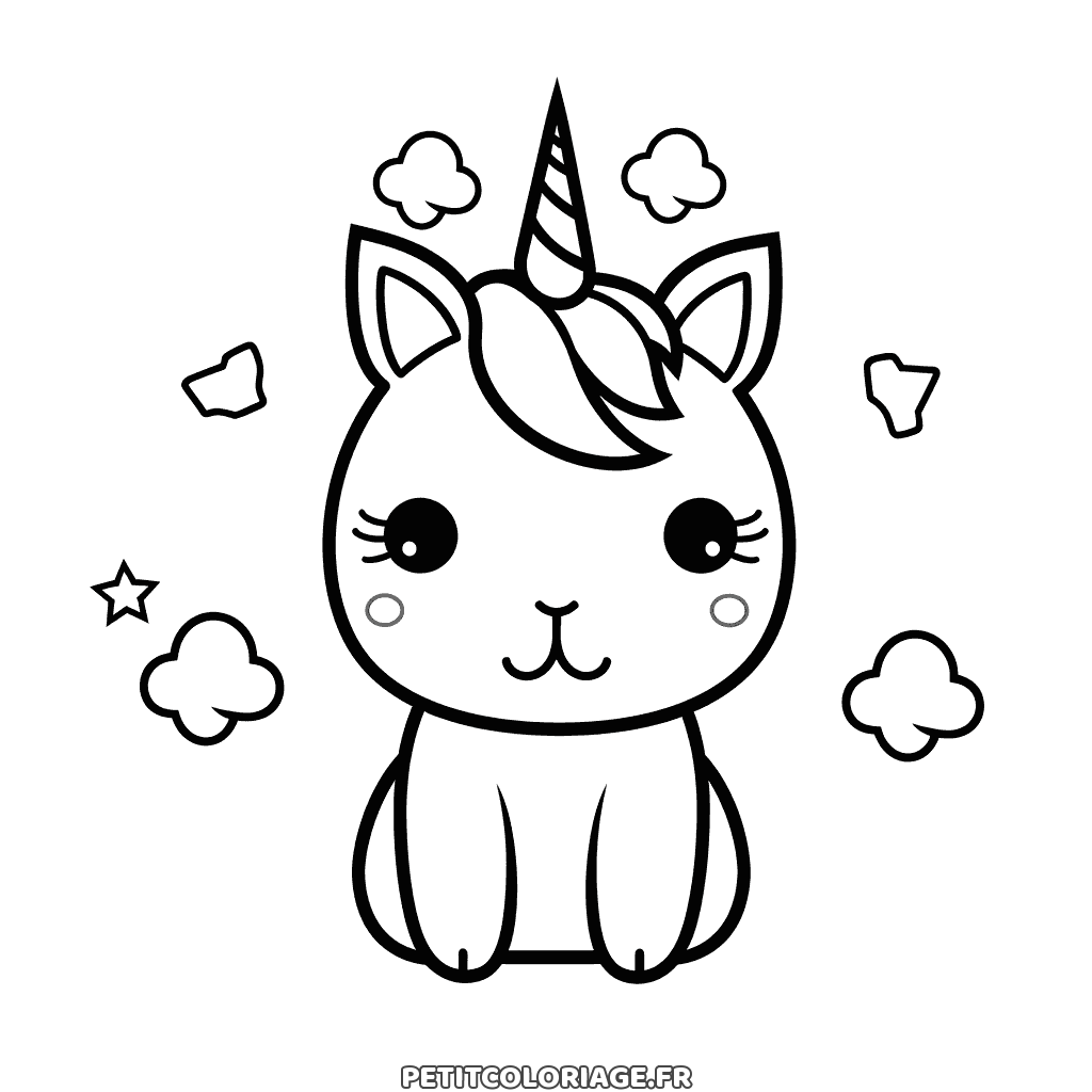 Coloriage gratuit à imprimer d'un lapin-licorne kawaii entouré de nuages, dessin facile pour enfants