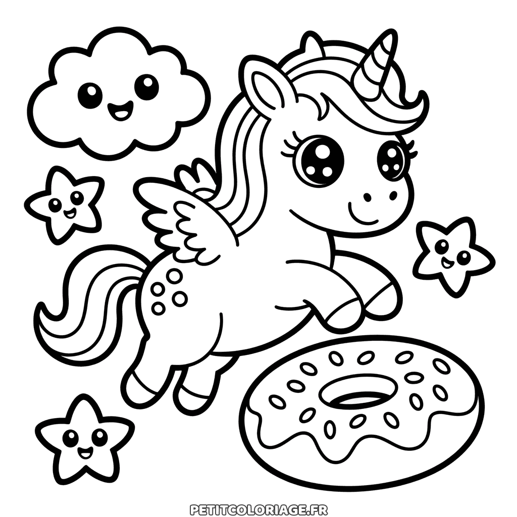 Coloriage gratuit à imprimer d'une licorne ailée kawaii et d'un donut, dessin pour enfants