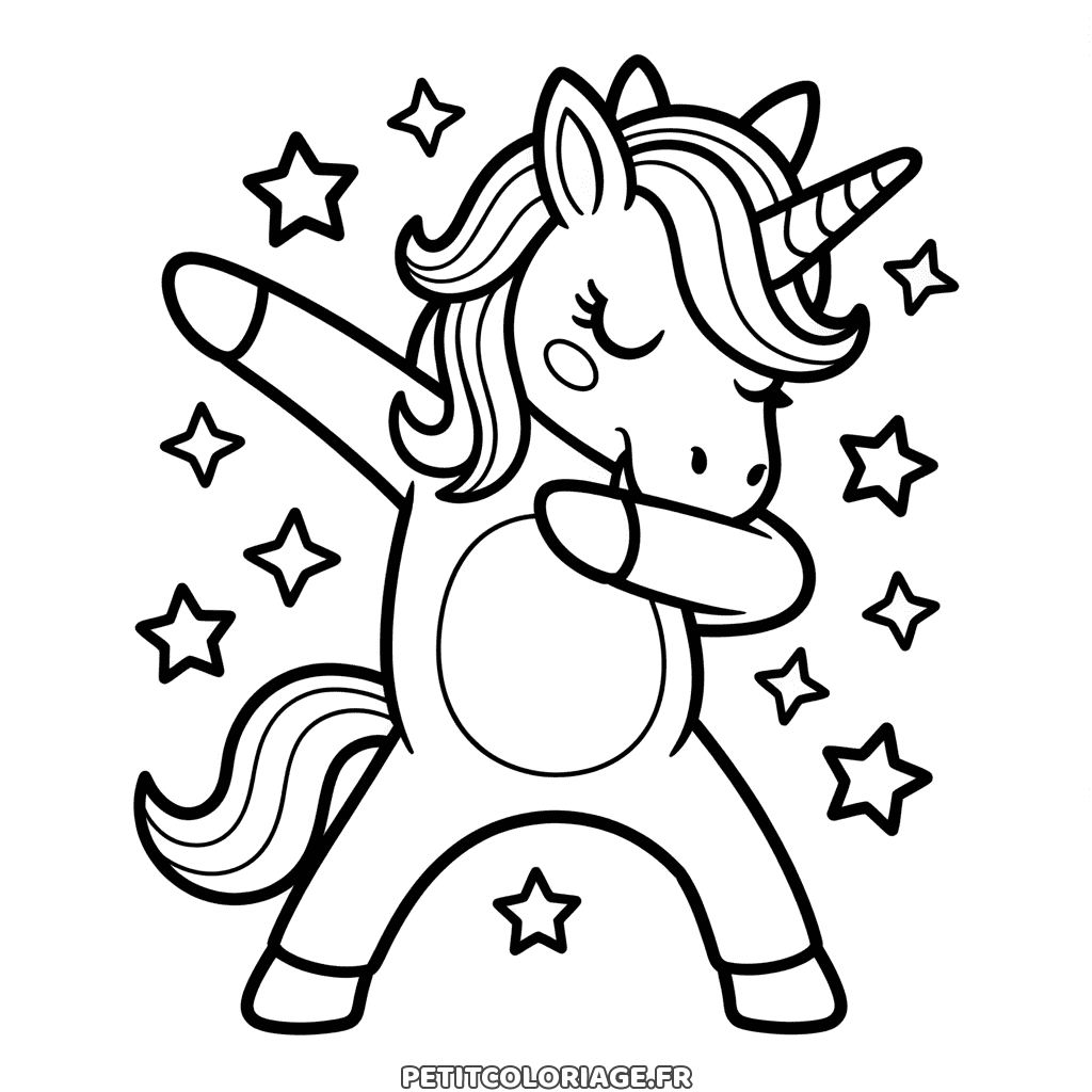 Coloriage gratuit à imprimer d'une licorne qui danse entourée d'étoiles, dessin pour enfants