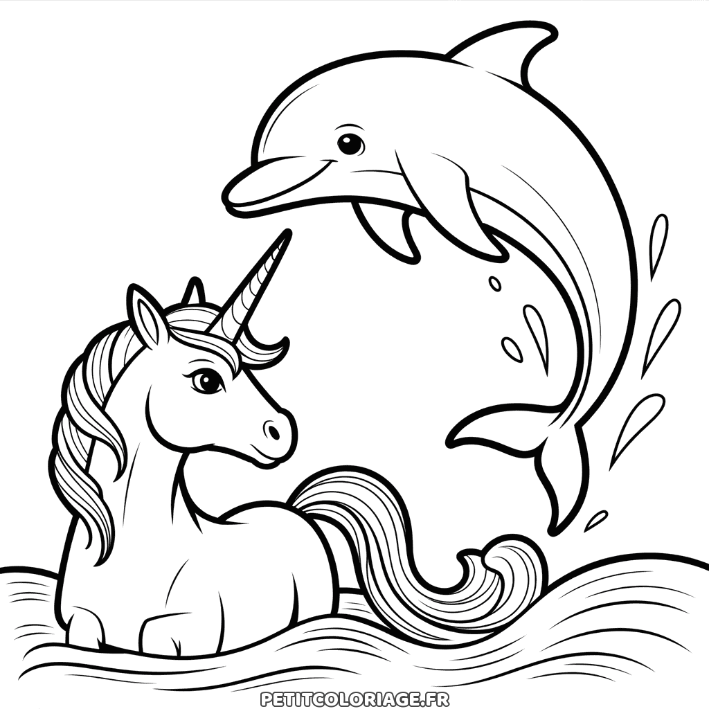 Coloriage gratuit à imprimer d'une licorne et d'un dauphin dans les vagues, dessin pour enfants