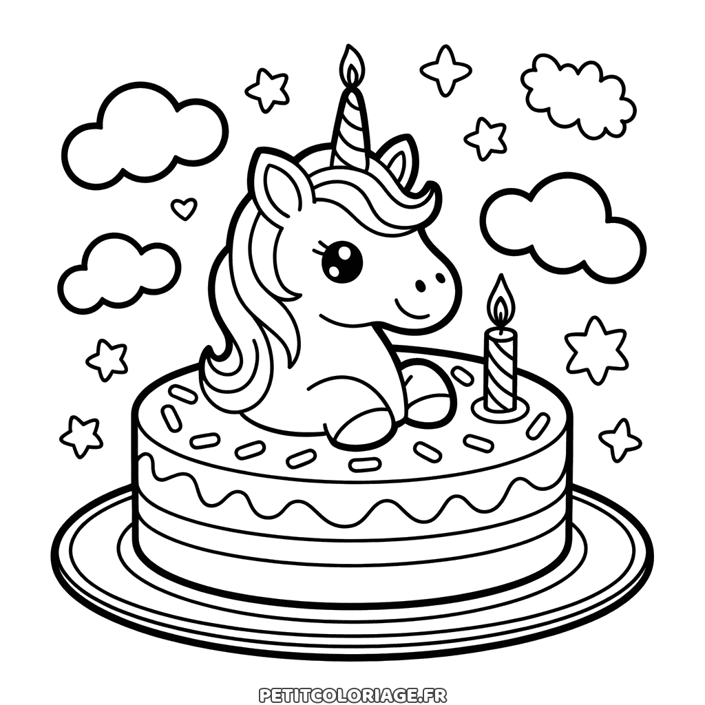Coloriage gratuit à imprimer d'une licorne sur un gâteau d'anniversaire, dessin pour enfants
