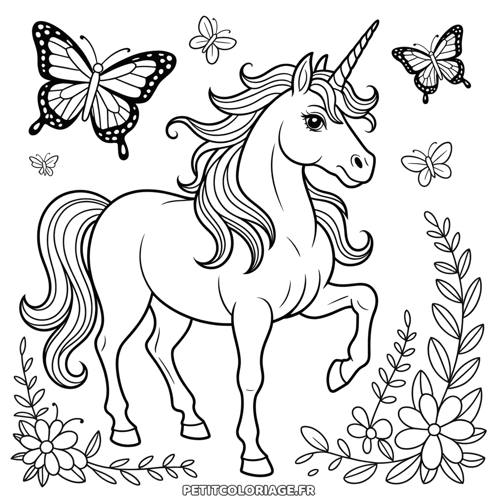 Coloriage gratuit à imprimer d'une licorne détaillée avec papillons et fleurs, dessin difficile pour grands enfants