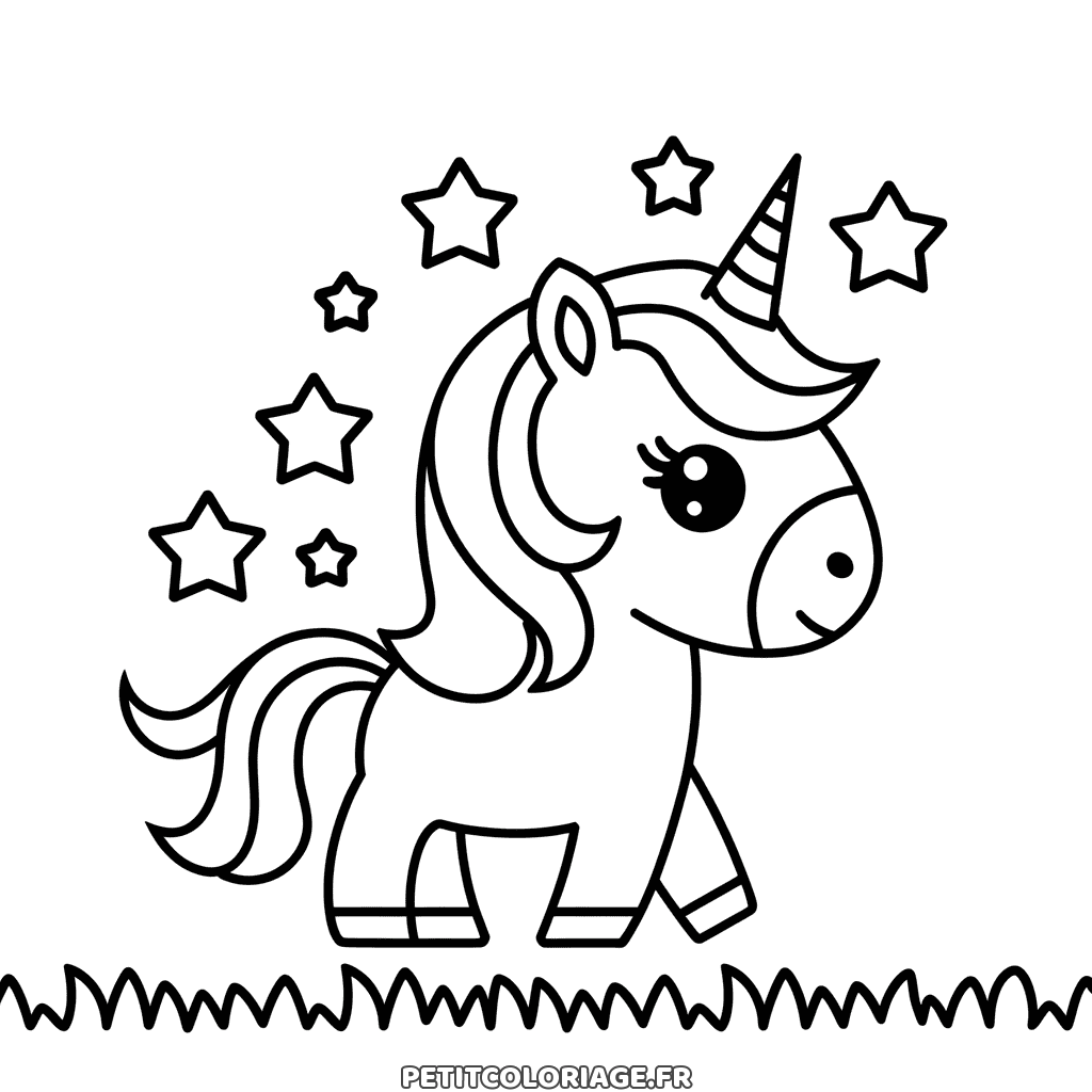 Coloriage gratuit à imprimer d'une licorne entourée d'étoiles, dessin simple pour les tout-petits