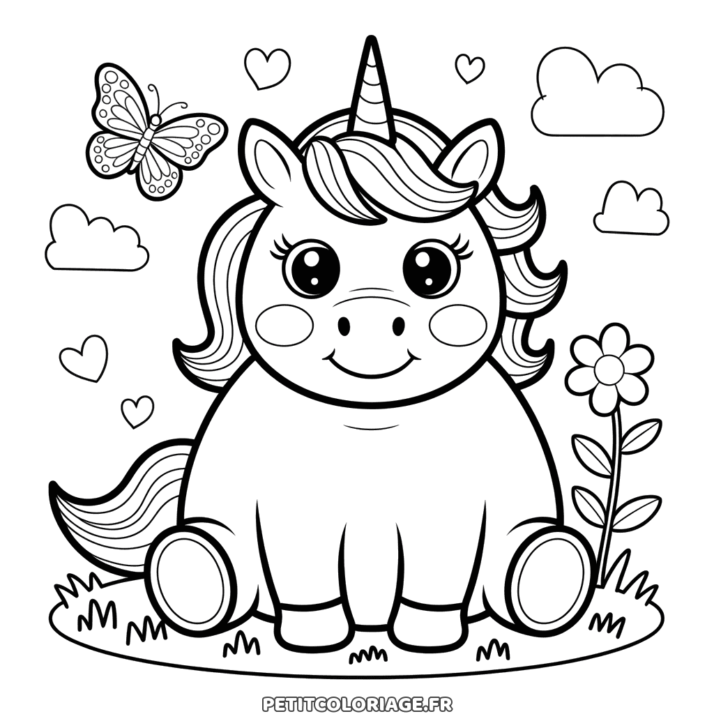 Coloriage gratuit à imprimer d'une licorne toute ronde avec un papillon et des cœurs, dessin pour enfants