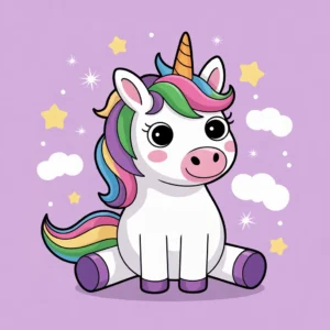 Licorne mignonne assise dans l'herbe, image de couverture pour la collection de coloriages licorne